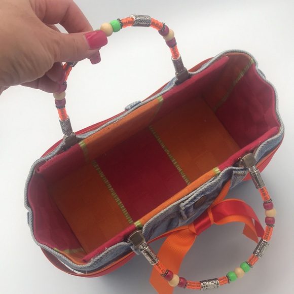 Original Denim Jean BOOTIE BAG Handbag w/Beaded Handles & Ribbons #075397 - Picture 6 of 10